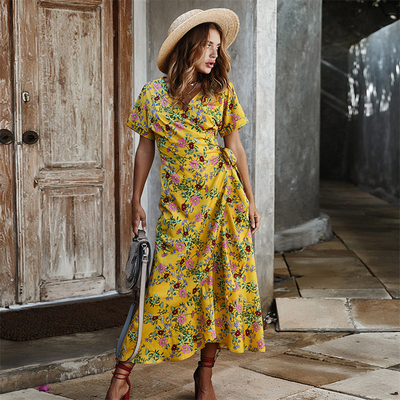Druckpartei-zufälliger V-Ausschnitt des kurzen Ärmels der damen-Maxi Dress Polyester S XL