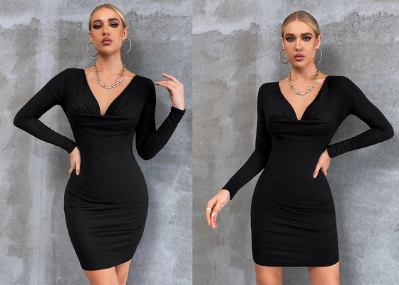Schwarzer Rock der Damen-Maxi Dress Velvet Hip Wrap erweiterte sich Ärmel-V-Ausschnitt