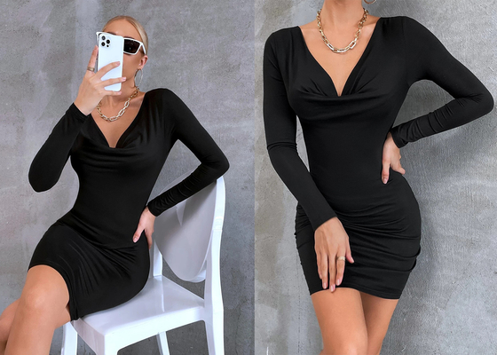 Schwarzer Rock der Damen-Maxi Dress Velvet Hip Wrap erweiterte sich Ärmel-V-Ausschnitt