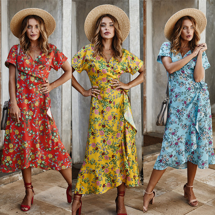 Druckpartei-zufälliger V-Ausschnitt des kurzen Ärmels der damen-Maxi Dress Polyester S XL