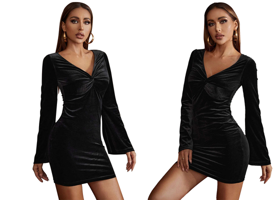 Schwarzer Rock der Damen-Maxi Dress Velvet Hip Wrap erweiterte sich Ärmel-V-Ausschnitt